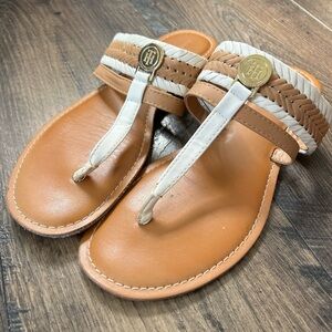 Tommy Hilfiger Tan and White Braided Leather Thong Sandals